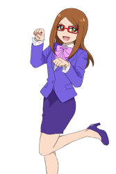  1girl :d akai_meganee bow bowtie brown_eyes brown_hair collared_shirt foot_out_of_frame high_heels jacket kiratto_pri_chan leg_up long_hair long_sleeves looking_at_viewer miniskirt no_socks nonzo_323 open_mouth paw_pose pencil_skirt pink_bow pink_bowtie pretty_series purple_jacket purple_shoes purple_skirt shirt shoes simple_background skirt smile solo standing standing_on_one_leg white_background white_shirt 