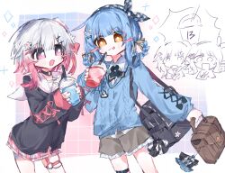  2girls :d bag black_bag black_shirt blue_cardigan blue_hair blush_stickers bow bow_hairband braid braided_hair_rings cardigan choker collared_shirt commentary_request cross-laced_clothes cross-laced_sleeves cross_tie cup fang gradient_hair grey_shorts hair_bow hair_ornament hair_rings hairband hat highres holding holding_bag holding_cup mahou_shoujo_no_majo_saiban multicolored_hair multiple_girls o-ring o-ring_choker o-ring_thigh_strap official_alternate_costume open_mouth pink_eyes pink_hair pink_skirt plaid_clothes plaid_hairband plaid_skirt sakuraba_ema shirt short_hair shorts skin_fang skirt smile tachibana_sherry thigh_strap tongue tongue_out unnmo_1102 white_hair white_hat white_shirt x_hair_ornament yellow_eyes yuri 
