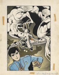  1960s_(style) 1boy antennae arms_up black_eyes black_hair blue_jacket brown_gloves claws copyright_name eleking energy_gun eyes_in_shadow giant giant_monster gloves gun highres holding holding_gun holding_weapon jacket kaiju kuwata_jirou miclas monster moroboshi_dan official_art painting_(medium) parted_lips retro_artstyle short_hair silhouette third-party_source traditional_media ultra_series ultraseven_(series) weapon 