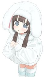  1girl :o animal_ears blue_eyes blue_thighhighs blush brown_hair commentary_request fake_animal_ears fake_tail fur-trimmed_thighhighs fur_trim hair_over_shoulder highres hood hood_up hooded_jacket idemitsu jacket long_hair long_sleeves looking_at_viewer low_twintails original own_hands_together parted_lips puffy_long_sleeves puffy_sleeves rabbit_ears rabbit_tail simple_background sleeves_past_wrists solo tail thigh-highs twintails white_background white_jacket 