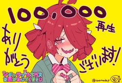  1girl ahoge blush bow bowtie cardigan collared_shirt commentary_request cosmo_(bousoup) diagonal-striped_bow diagonal-striped_bowtie diagonal-striped_clothes drill_hair green_cardigan hair_bow hair_over_one_eye icha_love_asmr_o_kikanaide_kudasai_(synthesizer_v) index_fingers_together kasane_teto milestone_celebration nervous_smile one_eye_covered parted_bangs pink_bow pink_bowtie red_eyes red_hair ringed_eyes shirt signature simple_background smile solo song_name striped_bow striped_bowtie striped_clothes sweat synthesizer_v tearing_up thank_you twin_drills twitter_username utau white_bow white_shirt yellow_background 