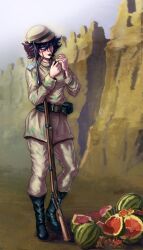 1girl absurdres ammunition_pouch belt black_boots black_hair boots castle epaulettes food fruit full_body fyugins_png girls_und_panzer gun highres holding holding_smoking_pipe military military_uniform monkey_ears pepperoni_(girls_und_panzer) pouch rifle sand short_hair smoking_pipe solo standing violet_eyes watermelon weapon weapon_request