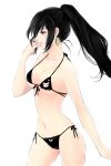  artist_request bikini black_hair earrings halterneck jewelry long_hair long_ponytail mabinogi navel ponytail red_eyes side-tie_bikini simple_background solo swimsuit white_background 