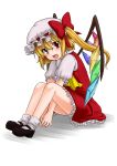  ascot blonde_hair bobby_socks fang fingernails flandre_scarlet hat hat_ribbon head_tilt highres legs_up looking_at_viewer mary_janes monrooru open_mouth red_eyes ribbon shadow shoes short_hair short_sleeves side_ponytail simple_background sitting skirt socks solo touhou v_arms vest white_background wings 