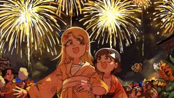  3girls :d absurdres baby_animal bird black_hair blonde_hair blue_eyes chicken commentary cotton_candy diva_(hyxpk) duck duckling english_commentary fireworks flower food grey_eyes hair_ornament_switch highres japanese_clothes kimono long_hair multiple_girls night original red_kimono short_hair smile snot sunflower takoyaki torii yellow_kimono 