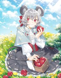  1girl absurdres animal_ears apple ascot basket black_skirt blue_sky bow capelet clouds commentary commission commissioner_name corset day english_commentary food frilled_skirt frills fruit grey_capelet grey_hair hair_bow highres holding holding_food holding_fruit holding_with_tail long_sleeves looking_at_viewer mouse_ears mouse_girl mouse_tail nazrin outdoors prehensile_tail red_bow red_corset red_eyes ribbon-trimmed_skirt ribbon_trim second-party_source shirt short_hair skeb_commission skirt sky solo tail toraneko_2 touhou translation_request white_ascot white_shirt 