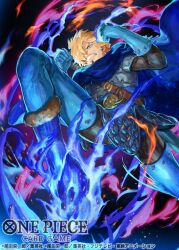  1boy armor blonde_hair blue_cape blue_fire blue_gloves boots cape clenched_teeth commentary_request copyright_name fire gloves hair_over_one_eye ifrit_jambe nijimaarc official_art one_piece one_piece_card_game sanji_(one_piece) solo teeth 