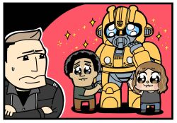  3: 3boys :3 afro autobot bkub black_background black_hair black_jacket black_shirt black_shoes black_tank_top blue_pants blush_stickers border brown_hair brown_pants bumblebee_(transformers) buttons character_request chibi chibi_only closed_mouth collared_shirt commentary_request jacket long_sleeves looking_at_another male_focus multiple_boys open_clothes open_jacket pants parted_bangs pleading_eyes red_background red_shoes shirt shoes short_hair short_sleeves sparkle standing sweatdrop tank_top transformers two-tone_background wavy_hair white_border 