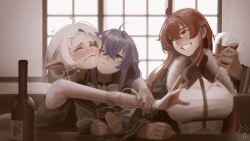  3girls absurdres ahoge alcohol black_jacket blue_eyes blue_hair blush bottle breasts cheek-to-cheek clenched_teeth closed_eyes closed_mouth commentary crossed_bangs cup dress drinking_glass drunk eris_greyrat eris_greyrat_(adult) fur-trimmed_jacket fur_trim green_dress hair_between_eyes heads_together heart highres holding holding_cup hug indoors jacket large_breasts long_hair long_sleeves looking_at_another multiple_girls mushoku_tensei one_eye_closed pout red_eyes red_hair red_wine roxy_migurdia shirt signature sleeveless sleeveless_dress smile sushoartworks sweat sylphiette_(mushoku_tensei) table teeth upper_body white_hair white_shirt wince window wine wine_bottle wine_glass yuri 