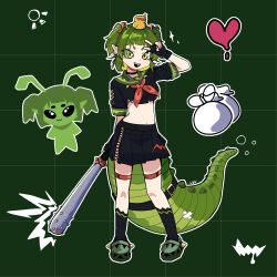  absurdres baseball_bat black_gloves black_skirt crocodile_girl crocodilian_tail crop_top fingerless_gloves gloves green_hair hair_ribbon highres navel nitya_nil phase_connect pointy_ears red_ribbon ribbon sharp_teeth skirt tail teeth wenthecreator 
