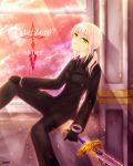  ahoge banri blonde_hair character_name command_spell excalibur fate/zero fate_(series) formal gloves green_eyes highres necktie pant_suit ponytail saber solo suit sword title_drop weapon 