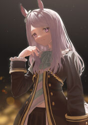  1girl absurdres animal_ears aqua_bow black_jacket black_skirt bow bowtie closed_mouth coat ear_bow ear_ribbon frilled_coat frilled_jacket frills highres horse_ears horse_girl horse_tail jacket long_hair long_sleeves looking_at_viewer mejiro_mcqueen_(frontline_elegance)_(umamusume) mejiro_mcqueen_(umamusume) nao_toyooooo pleated_skirt purple_hair shirt skirt solo striped_clothes striped_shirt tail umamusume violet_eyes 