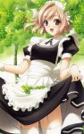  :d absurdres apron blush brown_eyes brown_hair female food fruit garter_belt grapes highres light_brown_hair maid maid_headdress nogisaka_motoka open_mouth short_hair skirt_basket skirt_lift smile solo sphere stockings suzuhira_hiro thighhighs white_legwear yosuga_no_sora 