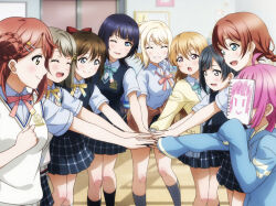  6+girls ^_^ ahoge anime_coloring aqua_jacket asaka_karin black_hair black_vest blonde_hair blue_eyes blue_hair blue_shirt blue_skirt blunt_bangs blunt_ends blurry blurry_background blush bob_cut bokeh bow braid braided_base breasts brown_hair bun_with_braided_base cardigan cardigan_around_waist circle_formation closed_eyes closed_mouth clothes_around_waist clubroom commentary_request cowboy_shot crescent crescent_hair_ornament depth_of_field dot_nose drawing_(object) emma_verde feet_out_of_frame freckles game_asset green_ribbon grey_eyes grin gyaru hair_between_eyes hair_bow hair_bun hair_ornament hairclip hand_on_another's_hand hand_up highres holding holding_sketchbook hood hood_down hooded_jacket indoors jacket konoe_kanata leaning_forward long_hair long_sleeves looking_at_hand love_live! love_live!_nijigasaki_high_school_idol_club love_live!_school_idol_festival_all_stars medium_breasts medium_hair miniskirt miyashita_ai multiple_girls nakasu_kasumi neck_ribbon nijigasaki_school_uniform official_art one_eye_closed open_mouth orange_cardigan osaka_shizuku pink_hair pink_ribbon plaid_clothes plaid_skirt pleated_skirt ponytail profile red_bow ribbon rina-chan_board school_uniform shirt short_hair short_sleeves single_side_bun sketchbook skirt sleeves_past_fingers sleeves_past_wrists small_breasts smile standing summer_uniform sweater_vest teeth tennoji_rina twin_braids uehara_ayumu upper_body upper_teeth_only v-shaped_eyebrows vest violet_eyes wavy_hair yellow_cardigan yellow_eyes yellow_ribbon yellow_sweater_vest yuki_setsuna 