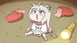  1girl :3 ahoge animal_ears barefoot blush chibi chibi_only commentary_request ebihuraii3 flashlight from_above from_side full_body grey_eyes grey_hair highres hololive lion_ears lion_girl lion_tail open_mouth shirt shishiro_botan shoes sitting t-shirt tail unworn_shoes virtual_youtuber white_shirt 