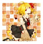  adapted_costume alternate_costume asamamiya blonde_hair checkered checkered_background cross cross-laced_footwear necktie open_mouth red_eyes rumia short_hair skirt skirt_set solo touhou wide_sleeves youkai 