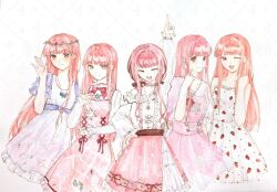  5girls ^_^ argyle_clothes argyle_dress arm_up bead_necklace beads belt bloom_poetry_(shining_nikki) blunt_bangs bow bow_choker bowtie bra_strap brown_belt brown_bow brown_eyes brown_ribbon butterfly_necklace buttons center_frills chinese_commentary choker closed_eyes closed_mouth clothes_writing collarbone collared_dress collared_shirt commentary_request cowboy_shot cross-laced_clothes cross-laced_dress dot_nose dress dress_ribbon earrings eyelashes finger_to_cheek floral_print flower food_print frilled_shirt_collar frilled_skirt frilled_sleeves frills fruit_print gradient_clothes gradient_dress hair_bow hair_intakes hair_ribbon hand_on_own_hip hand_on_own_shoulder hand_up head_wreath hexagram high_collar infinity_nikki jewelry lavender_(flower) layered_skirt leaf light_blush long_hair long_sidelocks long_sleeves low_twintails medium_dress miracle_nikki multiple_girls multiple_persona necklace nikki_(nikki) nikki_(series) nikki_up2u nikki_up2u2:_world_traveller object_floating_above_hand off-shoulder_shirt off_shoulder official_alternate_costume one_eye_closed open_mouth pendant perfect_start_(infinity_nikki) pinafore_dress pink_bow pink_bowtie pink_choker pink_dress pink_hair pink_skirt pleated_dress pleated_skirt pointing pointing_up polka_dot polka_dot_dress print_dress print_skirt puffy_long_sleeves puffy_sleeves purple_dress purple_flower purple_rose purple_sleeves qiu_zhengcheng red_bow red_bowtie red_ribbon ribbon rose sample_watermark see-through_clothes see-through_sleeves shining_nikki shirt short_sleeves sidelocks simple_background single_sidelock single_stripe skirt sleeveless sleeveless_dress sleeves_past_wrists smile snowflake_necklace snowflake_print sphere_earrings spring_waltz_(nikki) star_(symbol) star_necklace star_print strapless strapless_dress strawberry_print striped_bow striped_bowtie striped_choker striped_clothes teeth traditional_media tress_ribbon twintails two-tone_dress upper_teeth_only very_long_hair watermark watermark_grid waving white_background white_dress white_shirt white_skirt yellow_flower 