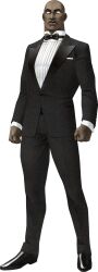  1boy absurdres bald black_bow black_bowtie black_pants black_shoes black_suit bow bowtie clenched_hands collared_shirt commander_gore commander_gore_(meta) dark-skinned_male dark_skin facial_hair full_body highres kazuma_kaneko looking_at_viewer mustache no_pupils official_alternate_costume official_art pants pencil_mustache shin_megami_tensei shin_megami_tensei:_strange_journey shirt shoes suit tuxedo 