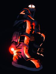  1boy absurdres antennae armor belt black_background bodysuit faiz_driver faiz_pointer from_below full_body glowing glowing_eyes helmet highres kamen_rider kamen_rider_555 kamen_rider_faiz male_focus simple_background solo squatting tokusatsu yashiro_manabu yellow_eyes 