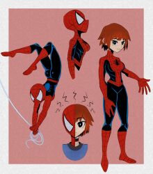  1girl absurdres artist_name black_eyes bodysuit breasts brown_hair commentary english_commentary genderswap genderswap_(mtf) highres looking_at_viewer marvel medium_breasts mistermisfortune multicolored_bodysuit peter_parker petra_parker_(otrebot) reference_sheet short_hair simple_background smile spider-man spider-man_(original_suit) spider-man_(series) 