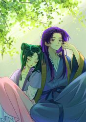  1boy 1girl artist_name blue_robe bun_cover circlet closed_eyes couple double_bun eyeliner green_hair hair_bun half_updo hand_in_own_hair hetero highres jinshi_(kusuriya_no_hitorigoto) kusuriya_no_hitorigoto leaning_on_person loemyn makeup maomao_(kusuriya_no_hitorigoto) parted_bangs pink_skirt red_eyeliner robe sidelocks skirt tree under_tree violet_eyes 
