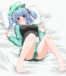  bad_id bare_legs barefoot black_shirt blue_hair blush breasts crop_top hair_bobbles hair_ornament hat highres iwanori kawashiro_nitori legs lying midriff navel on_back open_clothes open_jacket panties pillow short_twintails smile solo taut_shirt touhou twintails two_side_up underwear white_panties 