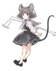  1girl animal_ears basket black_shoes black_skirt black_vest capelet dowsing_rod grey_capelet grey_hair highres holding holding_with_tail jewelry loafers long_sleeves looking_at_viewer mouse_(animal) mouse_ears mouse_girl mouse_tail nazrin necklace pendant prehensile_tail red_eyes sayoko404 shirt shoes short_hair simple_background skirt solo tail touhou vest white_background white_shirt 