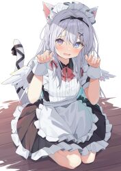  1girl absurdres animal_ears apron black_dress black_hairband blue_eyes blush bow bow_hairband bowtie cat_ears cat_girl cat_tail claw_pose commentary_request commission dress enmaided feathered_wings frilled_apron frills full_body hair_between_eyes hair_ornament hairband heterochromia highres indie_virtual_youtuber looking_at_viewer maid maid_apron maid_headdress multi-source_commentary open_mouth parted_hair raised_inner_eyebrows red_bow red_bowtie ribbon short_dress skeb_commission small_sweatdrop solo sonoji sorashi_purumu tail tail_ornament tail_raised tail_ribbon violet_eyes virtual_youtuber waist_apron white_wings wings wooden_floor wrist_cuffs x_hair_ornament 