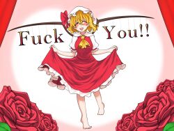  1girl barefoot blonde_hair blush bow breasts closed_eyes commentary_request crossed_bangs curtsey english_text flandre_scarlet flower full_body hair_between_eyes hat hat_bow highres leimari89011015 medium_breasts mixed_signals mob_cap open_mouth profanity red_bow red_flower red_rose red_skirt red_vest rose shirt short_hair short_sleeves skirt skirt_set smile solo touhou vest white_hat white_shirt wings 