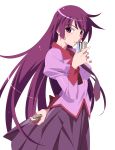  absurdres bakemonogatari blush highres kokutou kurotou long_hair monogatari_(series) purple_eyes purple_hair school_uniform seifuku senjougahara_hitagi solo stapler violet_eyes 