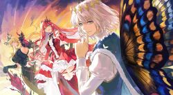  1boy 2girls armor arthropod_boy baobhan_sith_(fate) bare_shoulders barghest_(fate) bashao blonde_hair blue_eyes breasts butterfly_wings colored_inner_hair commentary_request crown detached_sleeves diamond_hairband dress earrings fate/grand_order fate_(series) gloves gradient_sky green_eyes grey_eyes grey_hair hair_ornament hand_on_hilt heterochromia highres horns insect_wings jewelry large_breasts long_hair long_sleeves looking_at_viewer medium_hair multicolored_hair multiple_girls oberon_(fate) oberon_(first_ascension)_(fate) orange_sky pantyhose pointy_ears red_dress red_eyes red_hair shirt sky smile sword weapon wings 