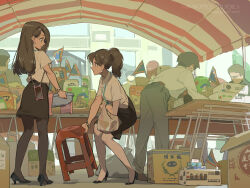  bag bent_over black_pantyhose black_shoes black_skirt bowl box bracelet brown_hair brown_shoes cardboard_box cellphone chair collared_shirt commentary_request dress_shirt earrings folding_table grey_pants high_heels highres holding holding_bag holding_bowl holding_chair jewelry long_hair looking_at_another office_lady_taiwan original pants pantyhose pencil_skirt pennant phone ponytail red_hair shirt shoes skirt smartphone standing stool table tennohi tent towel watch watch white_shirt 