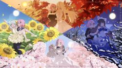  5girls absurdres amaori_renako aqua_eyes autumn autumn_leaves back_bow backless_dress backless_outfit bare_tree black_hair blonde_hair blue_dress bow brown_hair carrying cherry_blossoms commentary_request crossdressing crossdressing_(ftm) dancing dress flower frilled_dress frills full_moon hair_ornament highres holding_hands koto_satsuki koyanagi_kaho leaf long_hair moon multiple_girls ouzuka_mai pink_hair princess_carry seasons sena_ajisai short_hair snow soshin_(siriusalpc) spring_(season) strapless strapless_dress summer sun sunflower sunset tree tuxedo waltz_(dance) watashi_ga_koibito_ni_nareru_wake_naijan_murimuri! white_dress winter x_hair_ornament yellow_dress yuri 