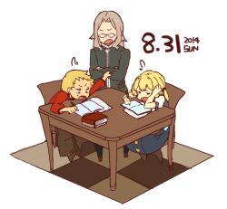 1girl 2boys arthur_charles black_jacket blonde_hair book buttons chair closed_eyes commentary_request dated frederica_irving glasses grey_hair haruyasai_(sanbunno) holding holding_pen jacket medium_hair multiple_boys on_chair open_book open_mouth pen puffy_pants puffy_short_sleeves puffy_sleeves sekaiju_no_meikyuu shin_sekaiju_no_meikyuu short_hair short_sleeves simon_yorke sitting standing twintails white_background writing 