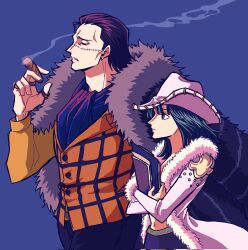  1boy 1girl ascot book cigar commentary_request cowboy_hat crocodile_(one_piece) hat highres holding holding_book holding_cigar jewelry looking_ahead nico_robin one_piece orange_vest profile purple_background ring shiroh1000be smoke stitched_face stitches vest white_hat 