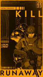  1boy absurdres armor berserk combat_helmet cover crazy_grin crazy_smile english_text fyugins_png grin gun guts_(berserk) helmet highres holding holding_gun holding_weapon male_focus military military_uniform monochrome one_eye_closed russian_ground_forces russo-ukrainian_war shoulder_pads skull smile solo teeth weapon weapon_request 