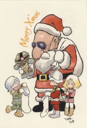  1girl 2005 3boys ^_^ acguy bald belt black_belt black_boots black_cape blonde_hair blue_eyes boots brown_boots cape cape_grab char_aznable chibi christmas closed_eyes clothes_grab coat dated deformed degwin_sodo_zabi earth_federation epaulettes eye_mask fake_beard fake_facial_hair father_and_child father_and_son fur-trimmed_boots fur-trimmed_coat fur-trimmed_headwear fur_trim garma_zabi gloves green_jacket green_pants grey_boots gundam hair_over_one_eye happy hat helmet highres holding holding_sack holding_toy jacket large_nose mask mecha merry_christmas military_uniform mobile_suit mobile_suit_gundam mobile_suit_gundam_the_origin multiple_boys official_art one_eye_covered open_mouth painting_(medium) pants parent_and_child patch pink_jacket promotional_art purple_hair red_coat red_hat red_jacket red_pants robot sack santa_costume santa_hat scan signature simple_background size_difference smile standing standing_on_one_leg sunglasses sweatdrop third-party_source toy toy_robot traditional_media white_background white_belt white_gloves white_hair white_helmet yasuhiko_yoshikazu zeon 