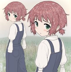  1girl amputee armless_amputee blue_overalls blush close-up commentary double_amputee eternalsoulrape field green_eyes hair_tie highres katawa_shoujo looking_at_viewer looking_back multiple_views overalls raised_inner_eyebrows red_hair shirt short_hair short_twintails sleeve_tied_shut tezuka_rin twintails white_shirt 