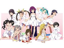  6+girls absurdly_long_hair absurdres aged_down ahoge araragi_karen araragi_tsukihi arm_above_head arm_support back_bow bandaid bandaid_on_face bandaid_on_knee bandaid_on_leg bandaid_on_nose bare_arms bare_legs barefoot between_legs black_hair blonde_hair blue_eyes blunt_ends blunt_sidelocks blush_stickers border bow bowtie braid brown_eyes brown_hair collarbone colored_shadow commentary double_v dress dress_flip egg_hair_ornament empty_eyes expressionless feet flat_chest food-themed_hair_ornament gesugesu_ahoaho green_ribbon grey_eyes grey_hair grin hachikuji_mayoi hair_flaps hair_ornament hair_over_shoulder hair_ribbon hair_scrunchie hairband halter_dress halterneck hand_between_own_legs hand_on_own_ankle hand_on_own_face hand_on_own_hip hand_on_own_knee hands_on_floor hands_up hanekawa_tsubasa head_tilt highres holding_hands index_finger_raised interlocked_fingers kanbaru_suruga knee_blush kneeling knees_to_chest knees_together_feet_apart lace-trimmed_dress lace_trim leaning_forward legs_apart light_blush long_dress long_hair long_sleeves looking_at_viewer maid_headdress medium_hair monogatari_(series) multiple_girls narrowed_eyes neck_ribbon oikura_sodachi one_eye_closed ononoki_yotsugi open_hands oshino_ougi oshino_shinobu outer_glow outside_border outstretched_arms pale_skin parted_bangs parted_lips pink_background purple_hair red_eyes ribbon sailor_collar sailor_dress scrunchie sengoku_nadeko senjougahara_hitagi shadow short_bangs short_dress short_hair short_sleeves short_twintails shoulder_blush side_ponytail sidelocks simple_background single_braid sitting sleeveless sleeveless_dress smile smirk smug socks standing standing_on_one_leg sundress tomboy tongue tongue_out twintails v v-shaped_eyebrows v_arms v_over_eye very_long_hair wariza white_border white_bow white_bowtie white_dress white_hairband white_sailor_collar white_scrunchie white_socks yellow_eyes 