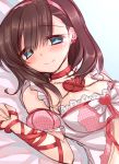  1girl blush breasts character_request green_eyes heart idolmaster idolmaster_cinderella_girls looking_at_viewer lying on_back ribbon smile solo suzune_rena 