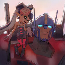  1boy 1girl autobot black_hair black_jumpsuit black_romper blue_eyes bow-shaped_hair callie_(splatoon) callie_(squid_sisters_outfit)_(splatoon) closed_eyes crossover detached_collar east-west_crossover fangs food food_on_head gloves highres inkling jumpsuit long_hair machine mecha mole mole_under_eye object_on_head optimus_prime pantyhose pink_pantyhose pointy_ears robot romper science_fiction short_jumpsuit smile splatoon_(series) splatoon_1 strapless_jumpsuit stup-jam sushi tentacle_hair transformers white_gloves 