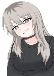  1girl black_choker black_sweater blush breasts choker collarbone commentary crossed_arms fang girls_band_cry grey_eyes grey_hair grin highres kawaragi_momoka long_hair looking_at_viewer multicolored_hair open_mouth roots_(hair) seductive_smile simple_background smile solo sweater white_background 