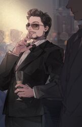  2boys avengers_(series) black_bow black_bowtie black_jacket black_pants black_suit bow bowtie brown_eyes brown_hair captain_america captain_america_(series) collared_shirt cup dress_shirt facial_hair goatee hand_to_own_mouth highres holding holding_cup iron_man_(series) jacket looking_at_another looking_at_viewer male_focus marvel mgt_85363 multiple_boys pants parted_lips shirt short_hair sideburns smile steve_rogers suit suit_jacket sunglasses tony_stark white_shirt 
