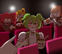  >_< 5girls :d a.i._voice adachi_rei akita_neru beans black_sleeves blue_nails blush_stickers can canned_food closed_eyes commentary detached_sleeves drill_hair english_commentary fingernails food food_on_face fork gigadraws green_hair grin hatsune_miku headlamp holding holding_can holding_fork jacket kasane_teto laughing long_hair looking_at_another meme movie_theater multiple_girls necktie open_mouth orange_hair pea_pod pointing pointing_at_another red_eyes red_hair red_nails shirt short_hair smile this_nigga_eating_beans_(meme) twin_drills upper_body utau vocaloid voiceroid voicevox wheeze_emoji white_jacket white_shirt xd yellow_eyes yellow_necktie zundamon 