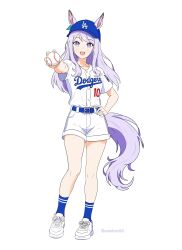  1girl absurdres animal_ears ball baseball_(object) baseball_cap baseball_jersey baseball_uniform belt blue_belt blue_hat blue_socks blush bow collarbone ear_bow ear_ribbon ears_through_headwear hand_on_own_hip hat highres holding horse_ears horse_girl horse_tail jersey long_hair looking_at_viewer los_angeles_dodgers matador64 mejiro_mcqueen_(umamusume) purple_hair shoes short_sleeves shorts smile socks solo sportswear tail umamusume violet_eyes white_shoes white_shorts 