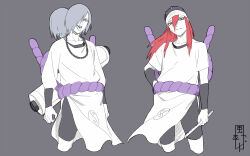  1boy 1girl black_eyes black_shorts blue_lips brothers commentary_request conjoined flute grey_background grey_eyes grey_hair hair_over_one_eye highres holding holding_flute holding_instrument instrument jewelry kazari_tayu long_hair looking_at_viewer naruto_(classic) naruto_(series) necklace parted_lips pearl_necklace red_hair rope sakon_(naruto) sandals scroll shimenawa shirt short_sleeves shorts siblings signature simple_background tayuya_(naruto) tongue tongue_out twins ukon_(naruto) white_shirt 