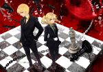  1girl blonde_hair chain chains chess_pieces chessboard chie_(mizzkoko) fate/zero fate_(series) formal gilgamesh green_eyes highres long_hair necktie pant_suit ponytail red_eyes saber suit 