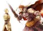  9room armor beard blonde_hair cape chain chains earrings facial_hair fate/zero fate_(series) gilgamesh jewelry male multiple_boys red_eyes red_hair redhead rider_(fate/zero) spoilers sword weapon 