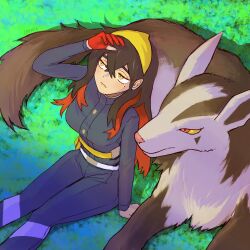  1girl arm_up bag belt belt_buckle black_hair buckle buttons carmine_(pokemon) closed_mouth commentary_request crossed_bangs fanny_pack gloves grass hair_between_eyes hairband highres jacket leonyx long_hair long_sleeves mightyena mole mole_under_eye outdoors pants partially_fingerless_gloves pokemon pokemon_(creature) pokemon_scarlet_and_violet red_gloves shadow single_glove sitting yellow_bag yellow_eyes yellow_hairband 