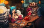  ahri animal_ears annie_(league_of_legends) annie_hastur bare_shoulders breasts food large_breasts league_of_legends lips long_hair meng_tian_zhang monster multiple_tails nikuman tail tibbers tongue 